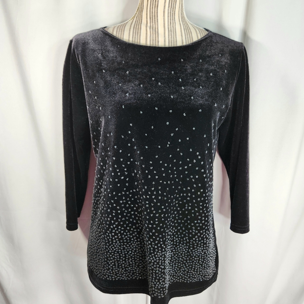 Impressions Millennium Edition Black Velour Beaded Accent 3/4 Sleeve Top Medium